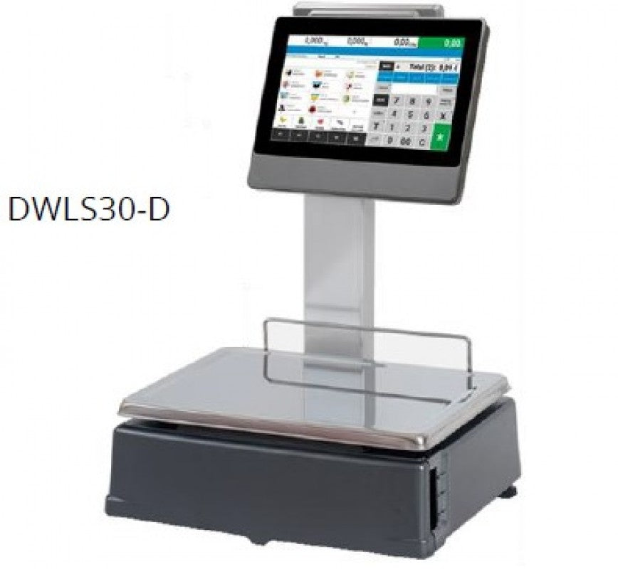 Bascula Etiquetadora Pantalla Touch Frontal y Posterior Cliente en Torreta30 kg Torrey DWLS30-D