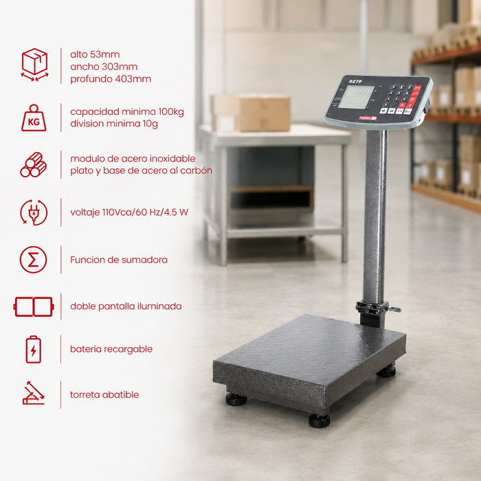 Báscula de Recibo, con Plato Anti-derrapante, Doble Pantalla, Batería Recargable 100 kg Torrey BRPP-100