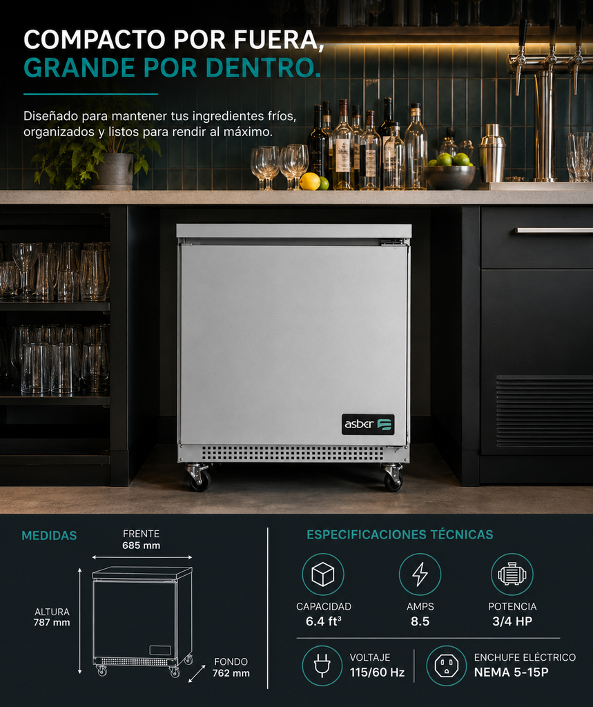 Mesa Congelador Bajo Barra 1 Puerta Acero Inox 6.9 Pies Asber AUTF-27 HC