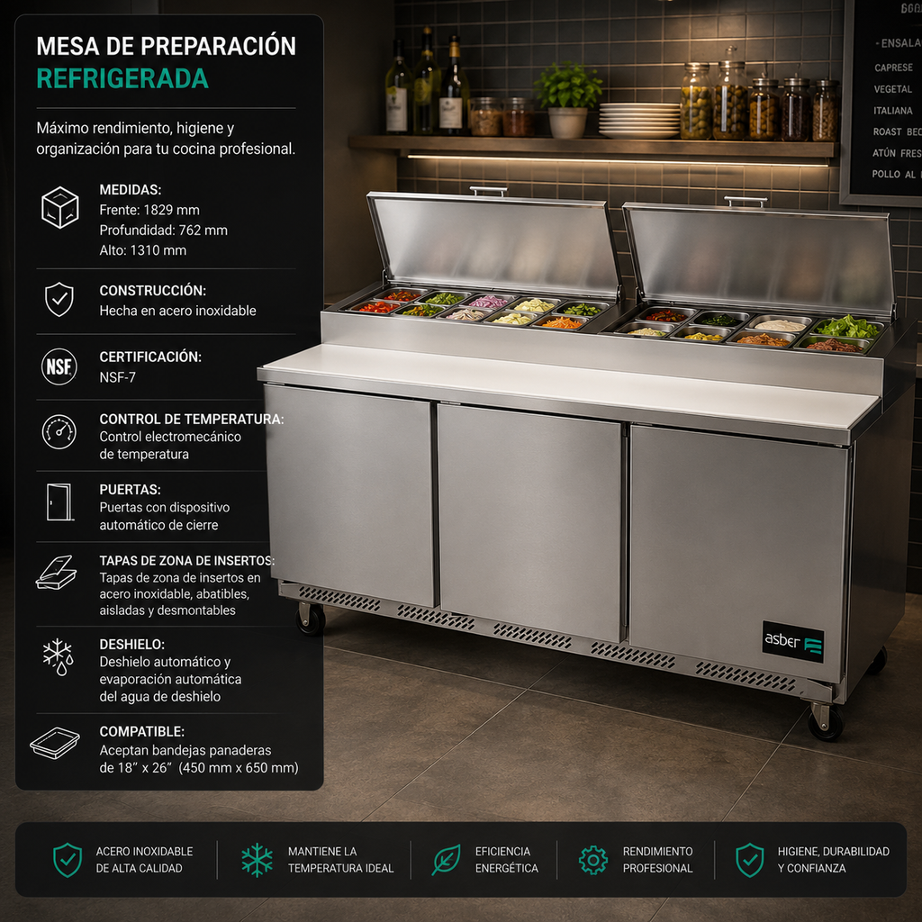 Mesa Refrigerada Para Preparación Pizza 3 Puertas Acero Inox 20.6 Pies Asber APTP-72 HC