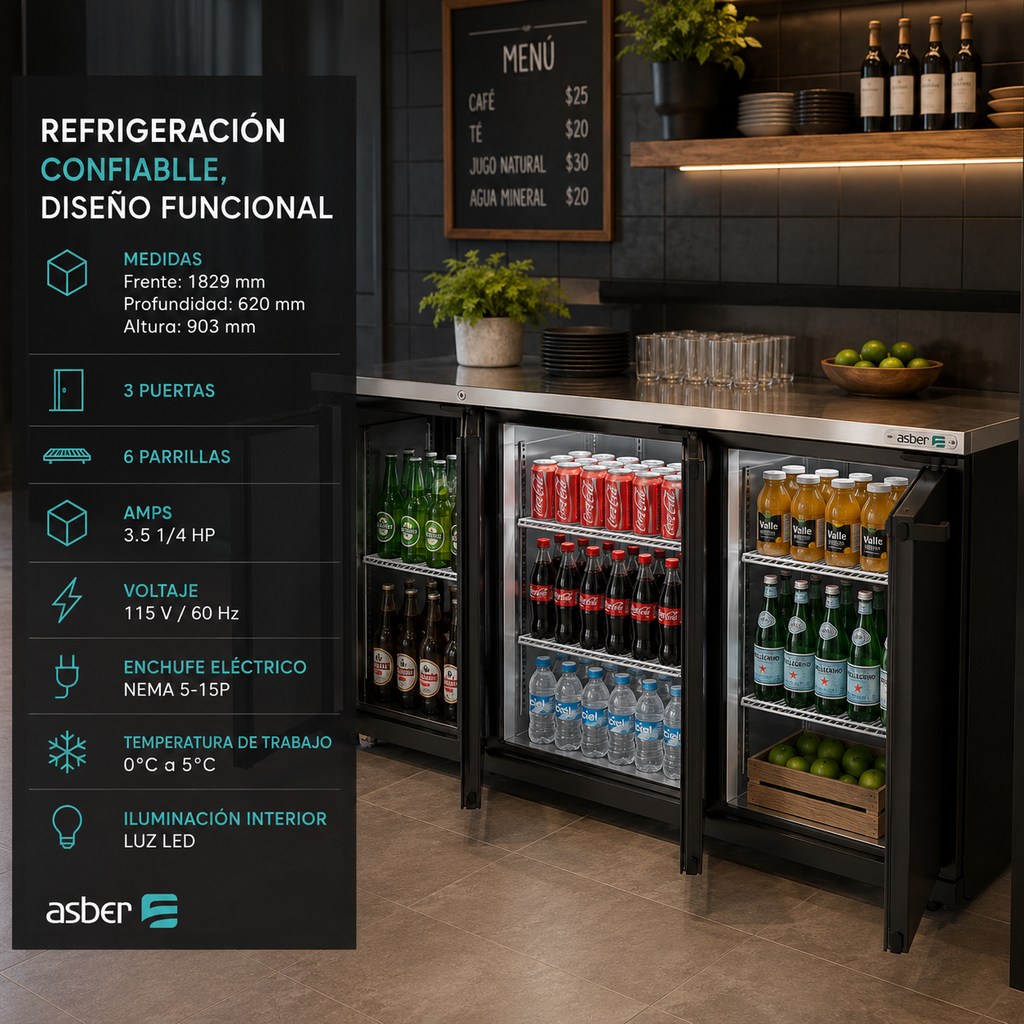 Refrigerador Contrabarra Vinil Negro 3 Puertas 18.3 Pies Asber ABBC-24-72 HC