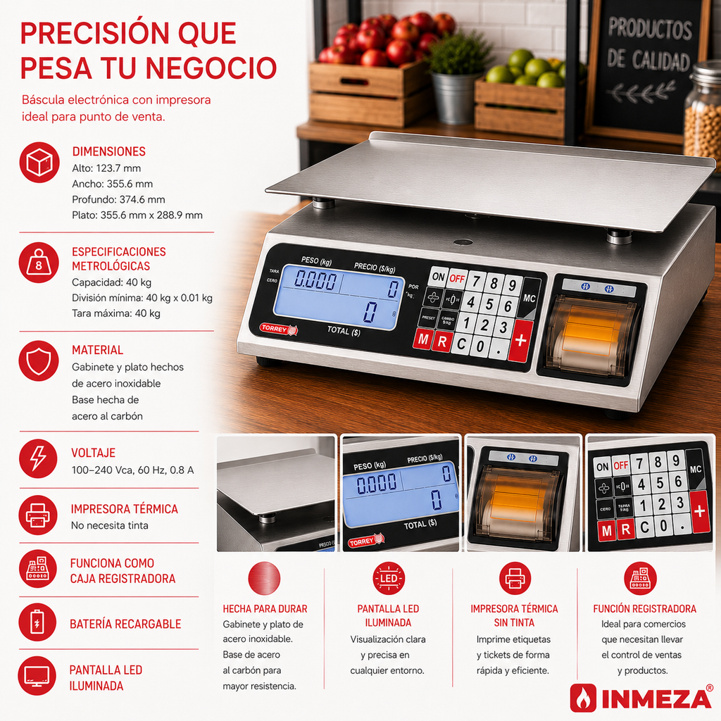 Bascula Digital con Impresión de Tickets, Función de Caja Registradora, Acero Inox 40kg Torrey PCR40-TK