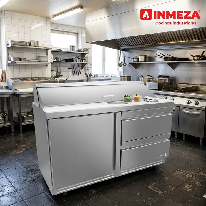 Mesa Refrigerada Para Preparación Ensaladas Premium 1 Puerta 2 Cajones Acero Inox 16.7 Pies Asber APTS-48-12-D2 P HC