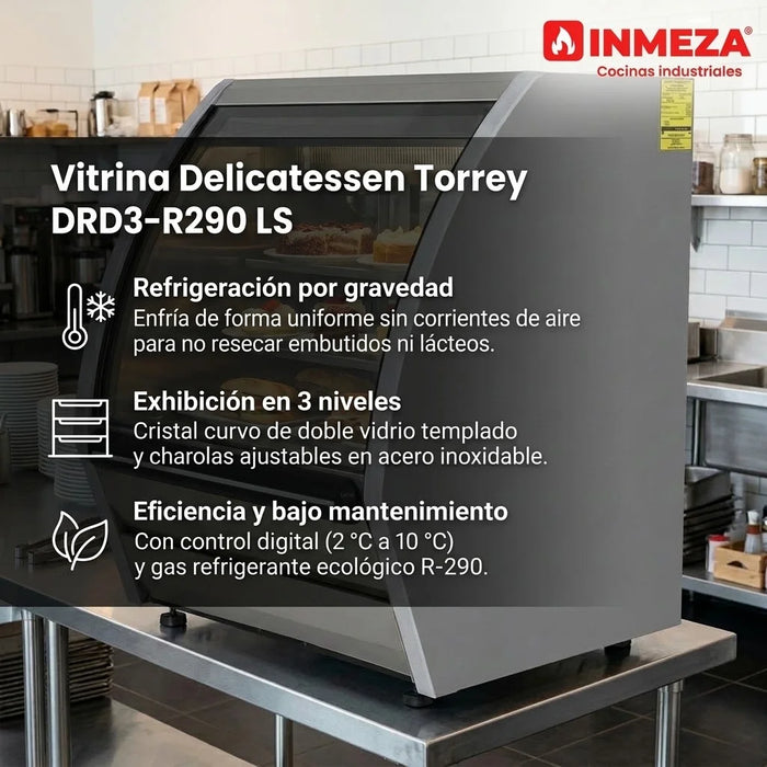 Vitrina Delicatessen Exhibidora Vidrio Curvo 91.5cm Acero Inox Torrey DRD3-LS-AI